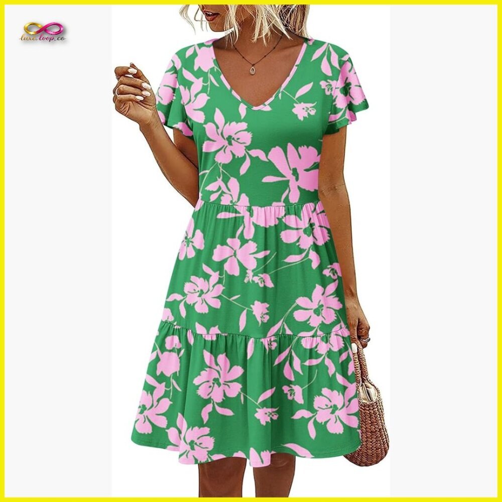 V-Neck Ruffle Sleeve A-Line Dress with Pockets Casual Summer Chic